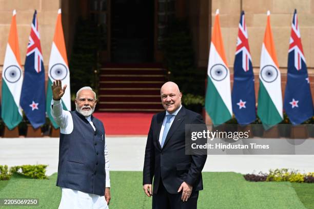 Prime Minister Narendra Modi along with New Zealand Prime Minister Christopher Luxon before their meeting at the Hyderabad House on March 17, 2025 in...
