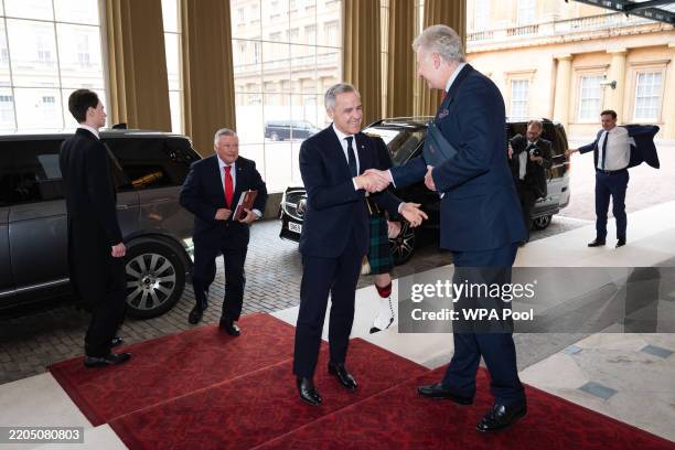 Prime Minister of Canada Mark Carney is greeted by Sir Clive Alderton as he arrives for an audience with King Charles III at Buckingham Palace on...