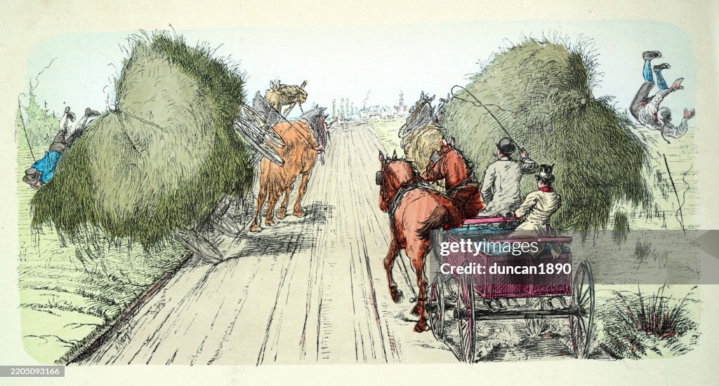 Traffic accident, two large overloaded hay wagons tipping over, horse and carriage, Vintage illustration 19th Century