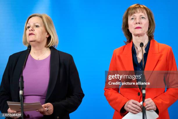 March 2025, Brandenburg, Potsdam: Nancy Faeser , Federal Minister of the Interior, and Karin Welge, chief negotiator for the Association of Municipal...