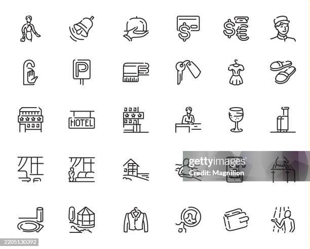 hotel services, hospitality, and travel accommodations, designed with an editable stroke, vector icons set - travel essentials stock illustrations