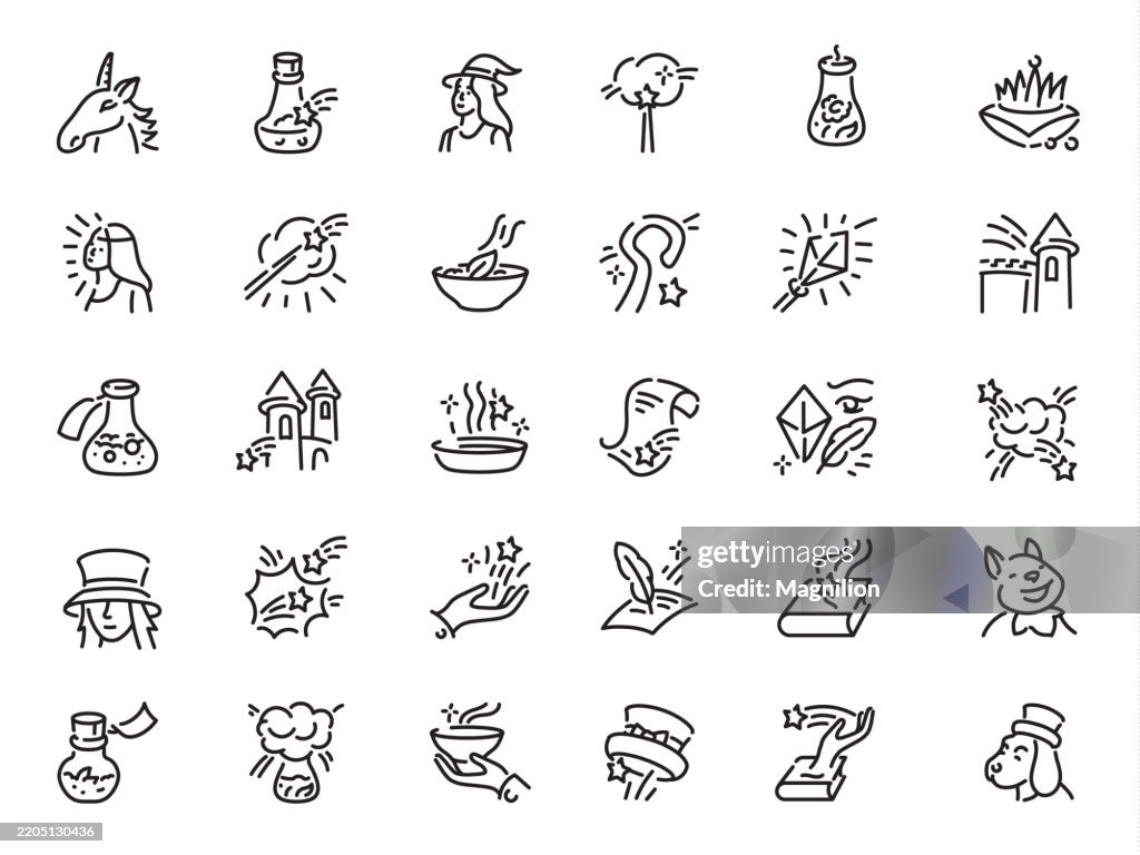 Fantasy, Magic, Spells, And Mystical Elements, Designed with an Editable Stroke, Vector Icons Set