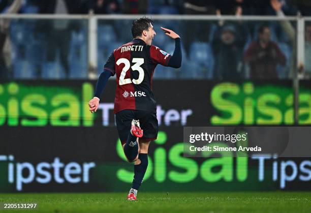 Fabio Miretti of Genoa celebrates scoring his team's second goal during the Serie A match between Genoa and Lecce at Stadio Luigi Ferraris on March...