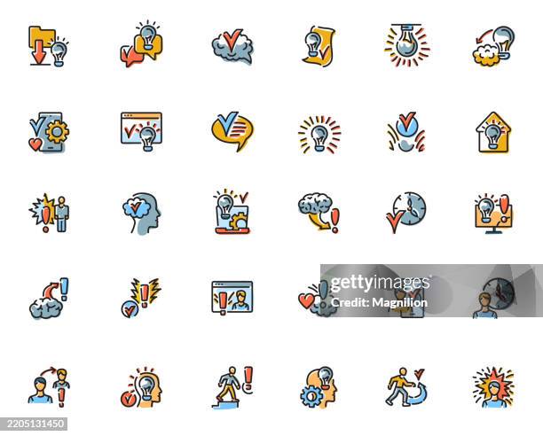 ideas, creativity, brainstorming, and problem-solving, designed with an editable stroke, vector icons set - logical thinking stock illustrations