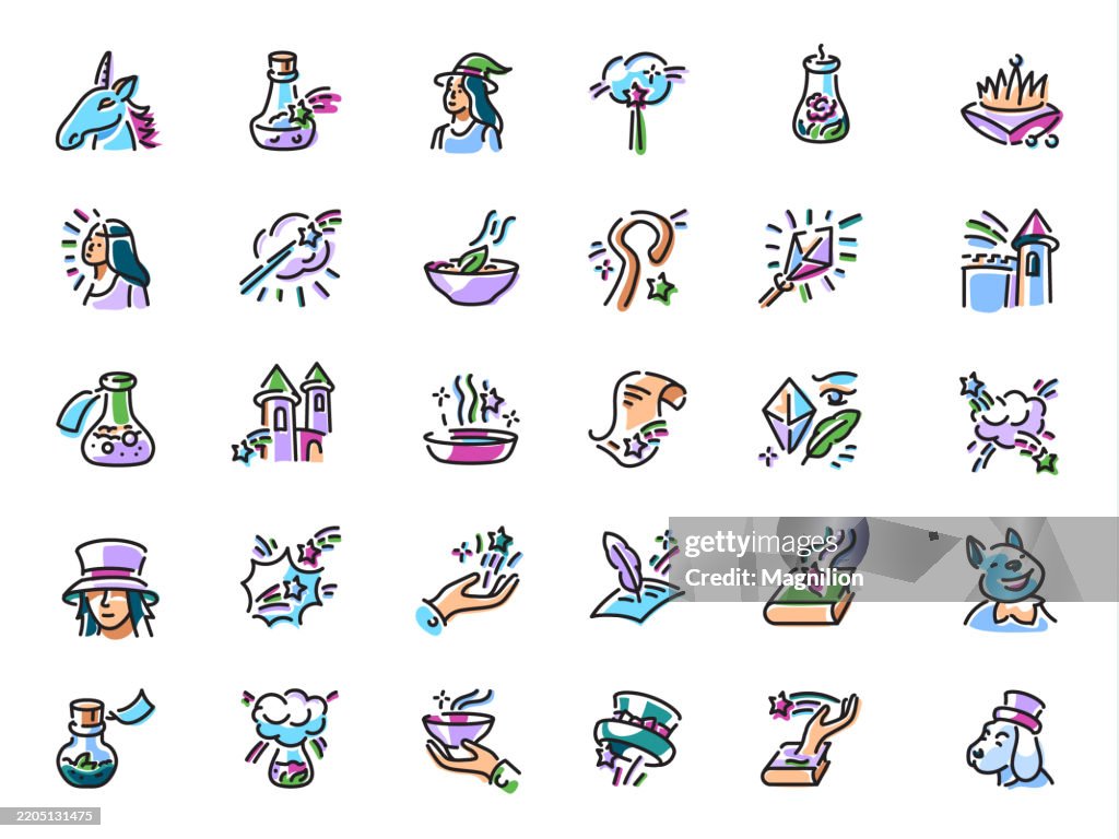 Fantasy, Magic, Spells, And Mystical Elements, Designed with an Editable Stroke, Vector Icons Set