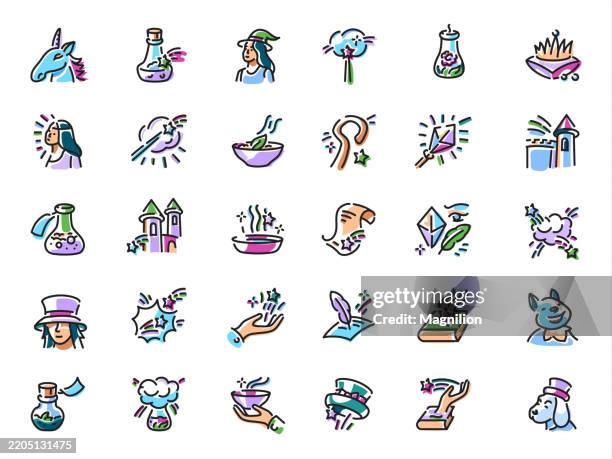 fantasy, magic, spells, and mystical elements, designed with an editable stroke, vector icons set - wizard castle stock illustrations