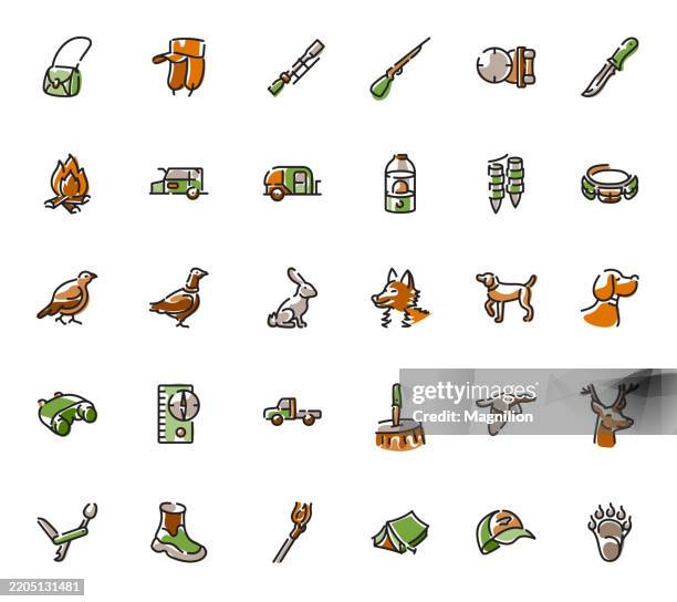 jagd, wildtierverfolgung, überleben im freien und camping, entworfen mit einem editierbaren strich, vektor-icons-set - pfadfinder stock-grafiken, -clipart, -cartoons und -symbole