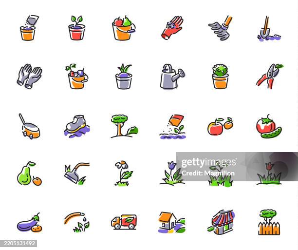 gardening, farming, plants, and agriculture, designed with an editable stroke, vector icons set - garden trowel stock illustrations