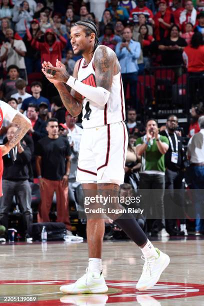 Jalen Green of the Houston Rockets celebrates during the game against the Philadelphia 76ers on March 17, 2025 at the Toyota Center in Houston,...