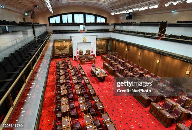 View of the temporary Senate Chamber, established in the Senate of Canada Building in 2019 while the Centre Block undergoes renovations, is seen in...