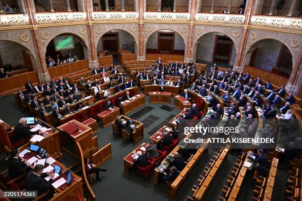Members of parliament press their voting buttons to vote on a bill aimed at banning the annual Pride march on March 18, 2025 during the spring...
