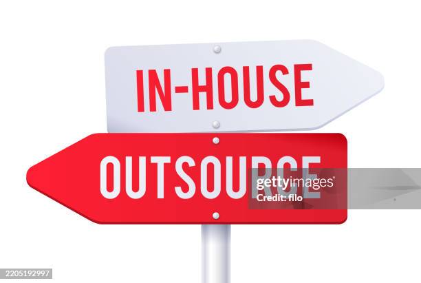 in-house versus outsource work decision signs - crossroads sign stock illustrations