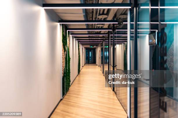 bright modern office hallway with wooden floor and decorative green accents - low lighting stock pictures, royalty-free photos & images