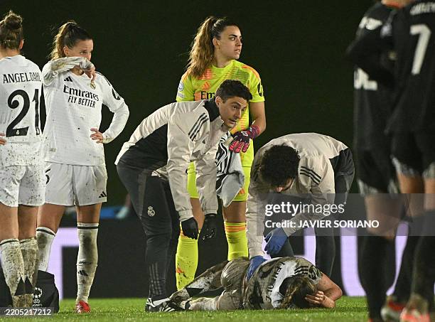 Real Madrid's German midfielder Melanie Leupolz lies on the field after resulting injured during the UEFA Women's Champions League quarter final...