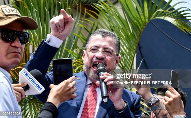 Costa Rica's President Rodrigo Chaves speaks during a rally calling for the resignation of Costa Rican Attorney General Carlo Diaz in front of the...