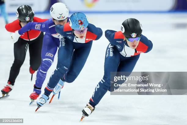 Aurelie Leveque and Cloe Olliver of France compete in the Women's 1000m Rep. Quarterfinals during the ISU World Short Track Speed Skating...