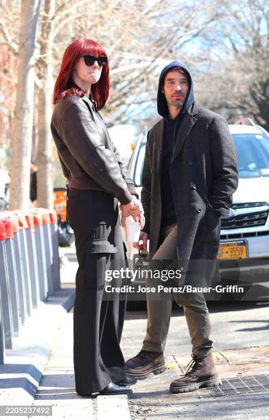 Deborah Ann Woll and Charlie Cox are seen at the film set of the 'Daredevil: Born Again' on March 18, 2025 in New York City.