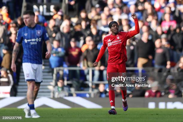 Anthony Elanga of Nottingham Forest celebrates scoring his team's second goal during the Premier League match between Ipswich Town FC and Nottingham...