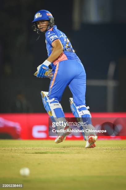 Harmanpreet Kaur of Mumbai Indians bats during the WPL Final match between Mumbai Indians and Delhi Capitals at Brabourne Stadium on March 15, 2025...