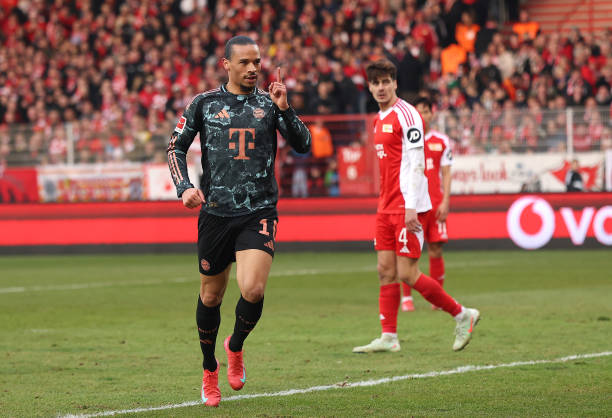 Leroy Sane of Bayern Munich celebrates scoring his team's first goal during the Bundesliga match between 1. FC Union Berlin and FC Bayern München at...