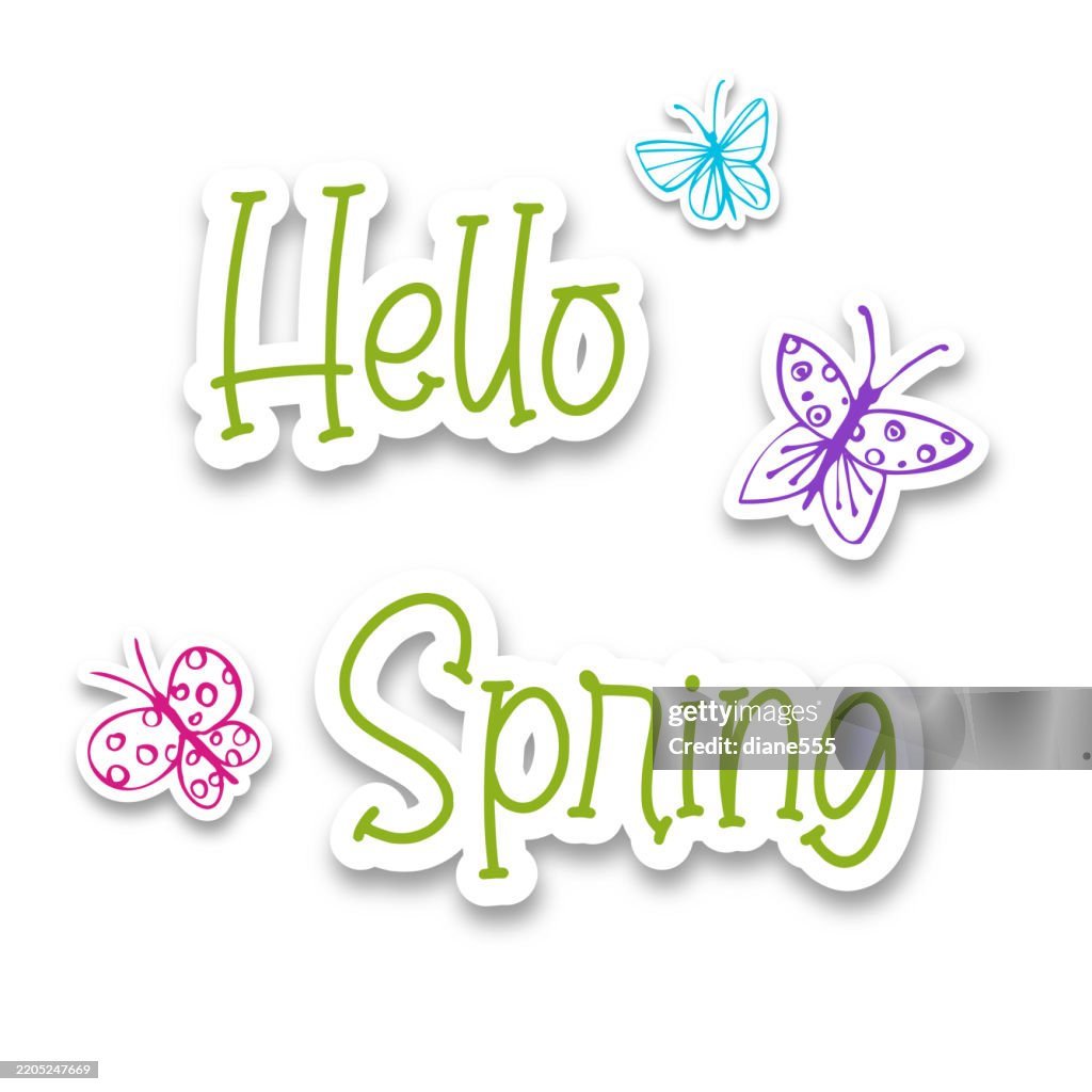 Cute Spring Sticker With Ink Drawing Of Hello Spring Text High-Res ...