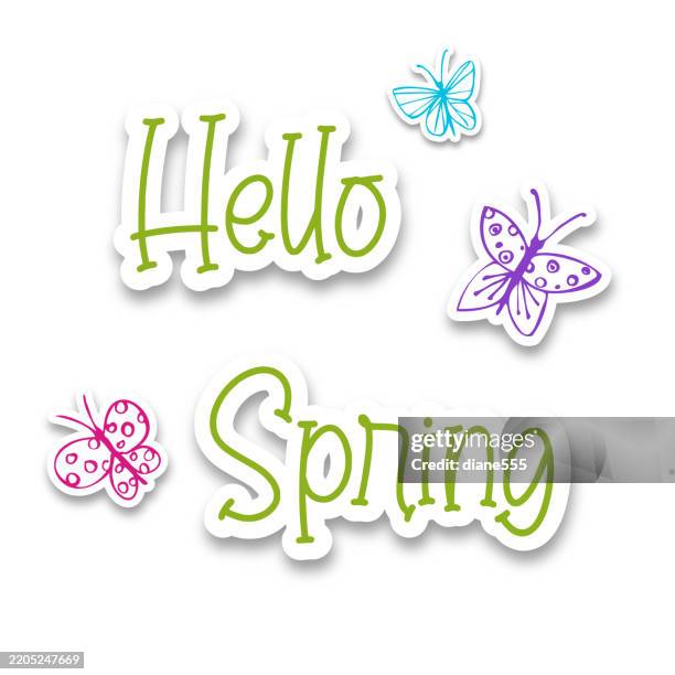 Spring Sticker Drawing Cute Spring Sticker With Ink Drawing Of Hello Spring Text High-Res ...