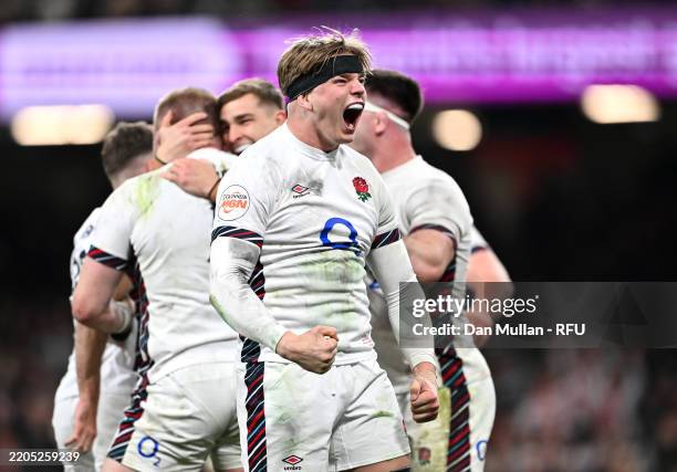 Henry Pollock of England celebrates after teammate Joe Heyes scores his team's eighth try during the Guinness Six Nations 2025 match between Wales...
