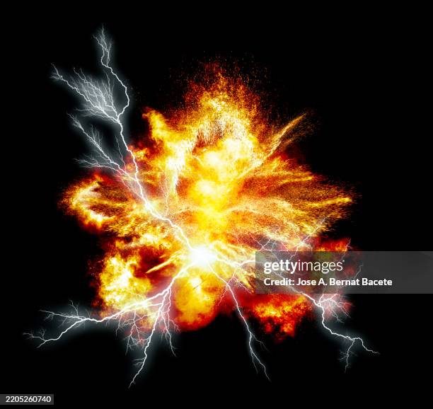 multiple electrical explosion with lightning and fire. - forked lightning stock pictures, royalty-free photos & images