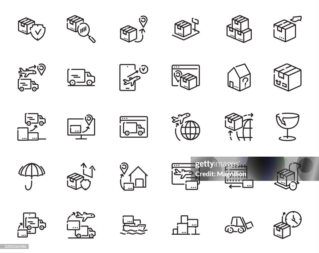 Versand, Lieferung, Logistik und Paketverfolgung, entworfen mit einem editierbaren Strich, Vektorsymbolen Set