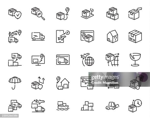 shipping, delivery, logistics, and parcel tracking, designed with an editable stroke, vector icons set - parcel locker stock illustrations