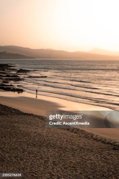vista lejana de un joven en la playa al atardecer - escena de tranquilidad fotografías e imágenes de stock