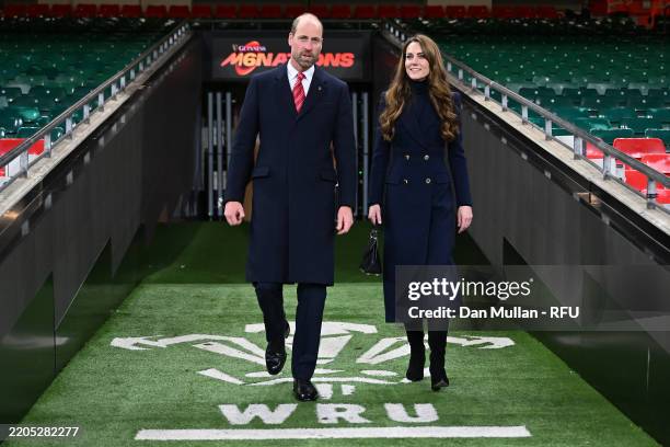 William, Prince of Wales and Catherine, Princess of Wales leave the stadium following the Guinness Six Nations 2025 match between Wales and England...