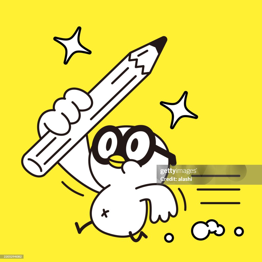 A cute bird, wearing large glasses, holding up a large powerful pencil, and running fast. Three-quarter front view, black outline with flat colors, minimalist style