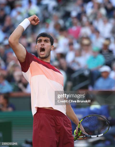 Carlos Alcaraz of Spain celebrates a point against Jack Draper of Great Britain in their Semifinal round match during the BNP Paribas Open at Indian...