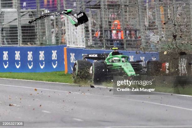 Gabriel Bortoleto of Brazil driving the Kick Sauber C45 Ferrari crashes during the F1 Grand Prix of Australia at Albert Park Grand Prix Circuit on...