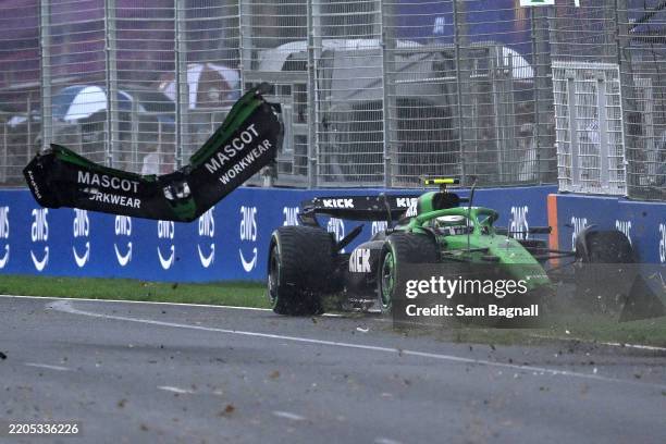 Gabriel Bortoleto of Brazil driving the Kick Sauber C45 Ferrari crashes during the F1 Grand Prix of Australia at Albert Park Grand Prix Circuit on...