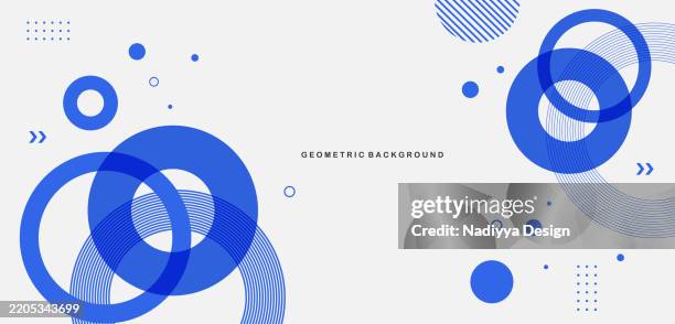 bildbanksillustrationer, clip art samt tecknat material och ikoner med trendy abstract design of geometric shapes, patterns, blue circle lines on white background. abstract modern design for website, cover, brochure, flyer, presentation, banner, vector illustration - designelement