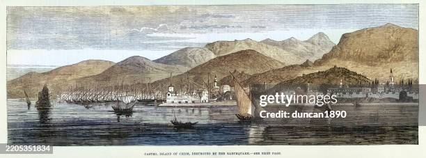view of castro, chios, greek island, situated in the northern aegean sea, vintage illustration 19th century, 1881 - san francisco castro stock illustrations