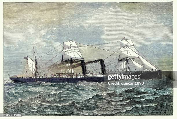 ocean liner, ss servia, also known as rms servia, was a successful transatlantic passenger and mail steamer, 1881 - steam liner stock illustrations
