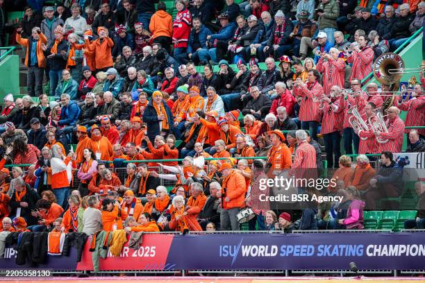 Dutch fans during the ISU World Speed Skating Single Distances and Team Competitions Championships 2025 at the Vikingskipet on March 16, 2025 in...