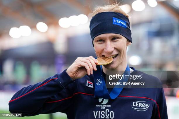Peder Kongshaug of Norway with is gold medal during the ISU World Speed Skating Single Distances and Team Competitions Championships 2025 at the...