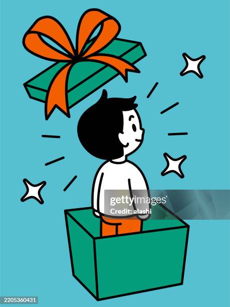 the gift box is opened, and a boy appears from the box. three-quarter rear view, black outline with flat colors, minimalist style - childrens day stock illustrations