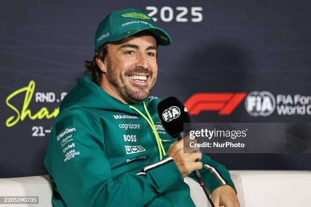 Fernando Alonso of Spain and the Aston Martin Aramco F1 Team attends the press conference during the preview ahead of the F1 Grand Prix of China at...