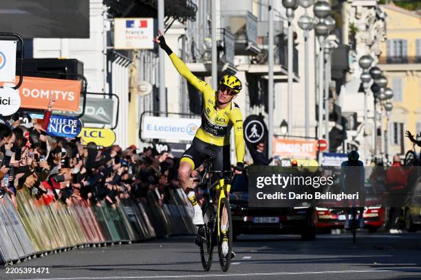 Matteo Jorgenson of The United States and Team Visma | Lease A Bike - Yellow leader jersey crosses the finish line as final overall winner during the...