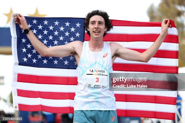 Matt Richtman of the United States celebrates after crossing the finish line and winning the 2025 Los Angeles Marathon at Westfield Century City on...