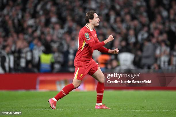 Federico Chiesa of Liverpool celebrates scoring his team's first goal during the Carabao Cup Final between Liverpool and Newcastle United at Wembley...