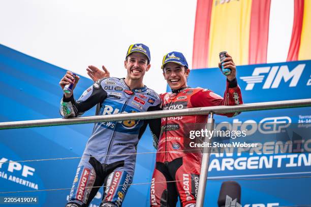 Alex Marquez of Spain and Gresini Racing MotoGP™ and Marc Marquez of Spain and Ducati Lenovo Team celebrate the podium result during the Race of the...