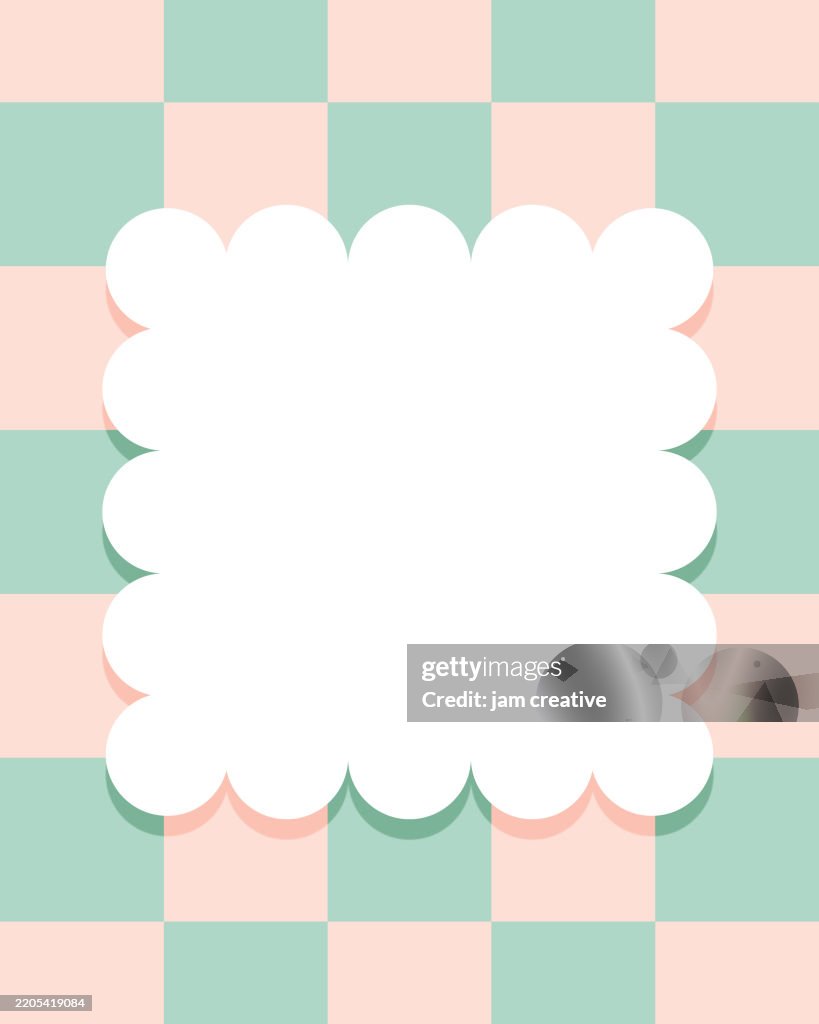 Pink with Green Check Pattern Wallpaper with Abstract Scalloped Puffy Cloud Icon Square Border