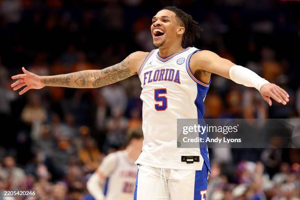 Will Richard of the Florida Gators celebrates at the end of the second half in the SEC Men's Basketball Tournament Championship game at Bridgestone...