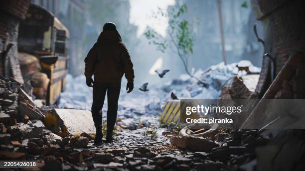 postapokalyptische straßenszene - apokalypse stock-fotos und bilder